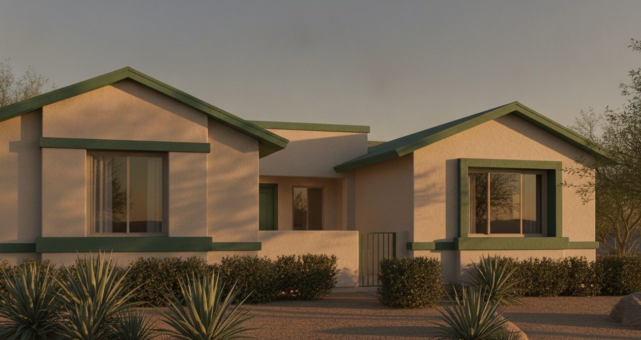 A contemporary Arizona home exterior at golden hour with desert landscaping