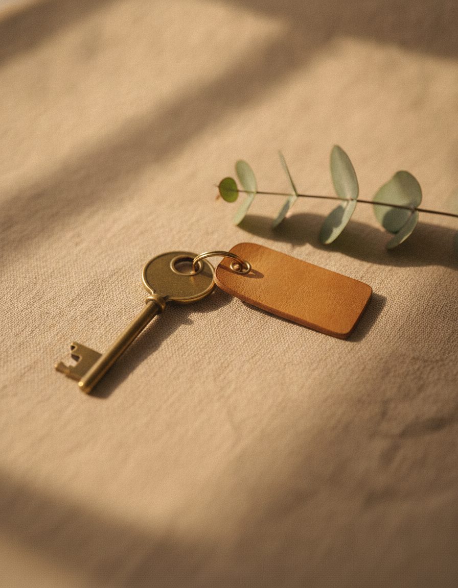 A brass house key on warm linen, ready for closing day