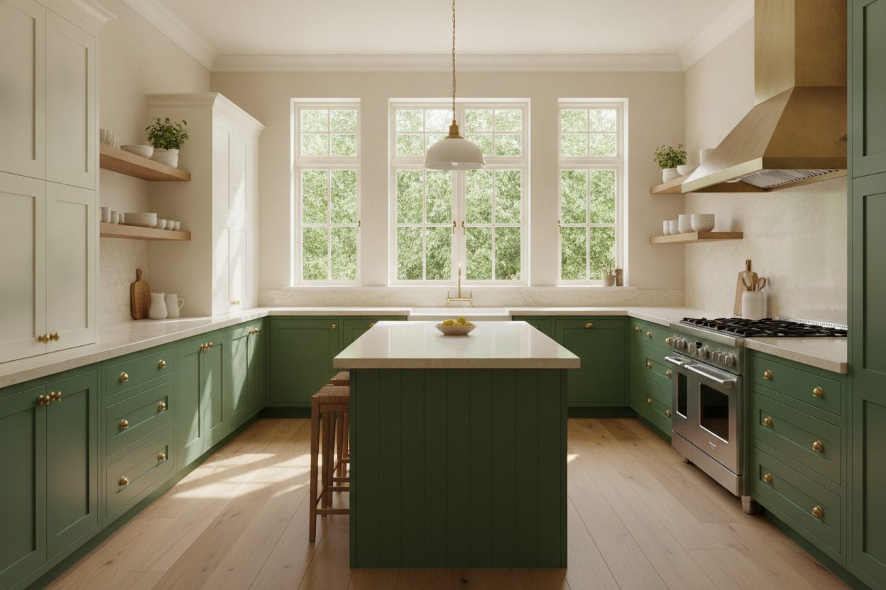 A bright modern kitchen with large windows, warm cabinetry and brass hardware