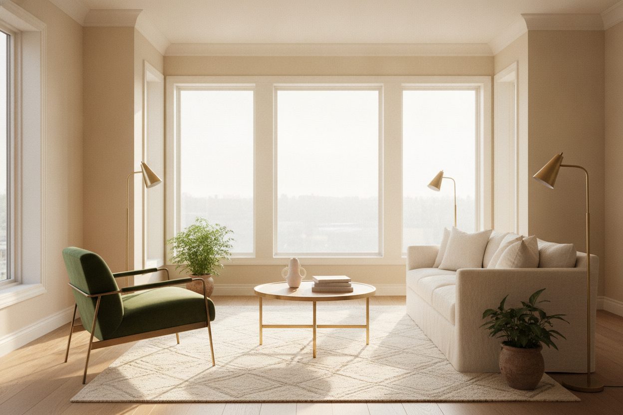 A bright airy sunlit living room with large windows and warm natural light